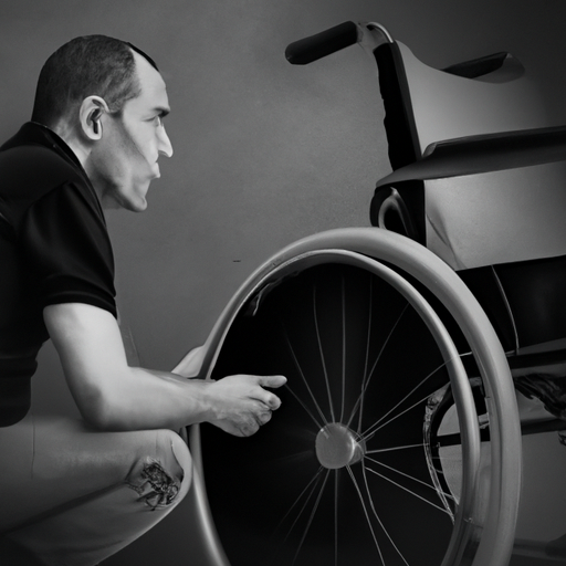 תמונה בשחור-לבן של אדם המביט לראשונה בכיסא גלגלים קל משקל, תערובת של חשש ונחישות בעיניו