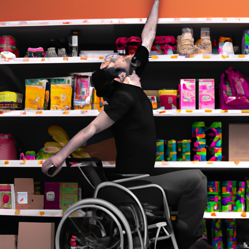 תמונה המתעדת את הרגע השמחה של משתמש בכיסא גלגלים מושיט יד לפריט על מדף הסופרמרקט, המגלם את חופש העצמאות
