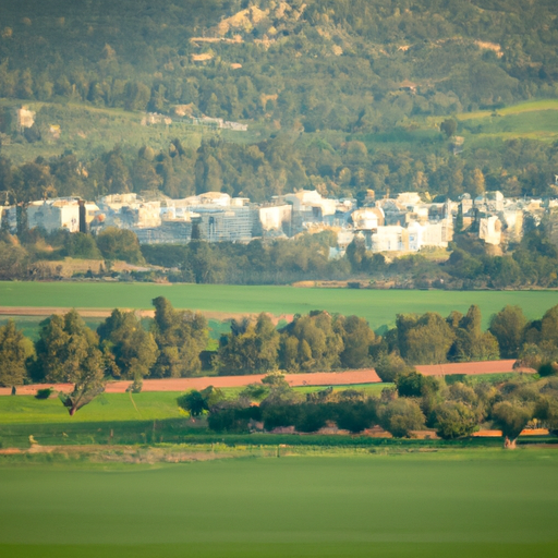 1. נוף פנורמי של קיבוץ השוכן בין שדות ירוקים וגבעות מתגלגלות